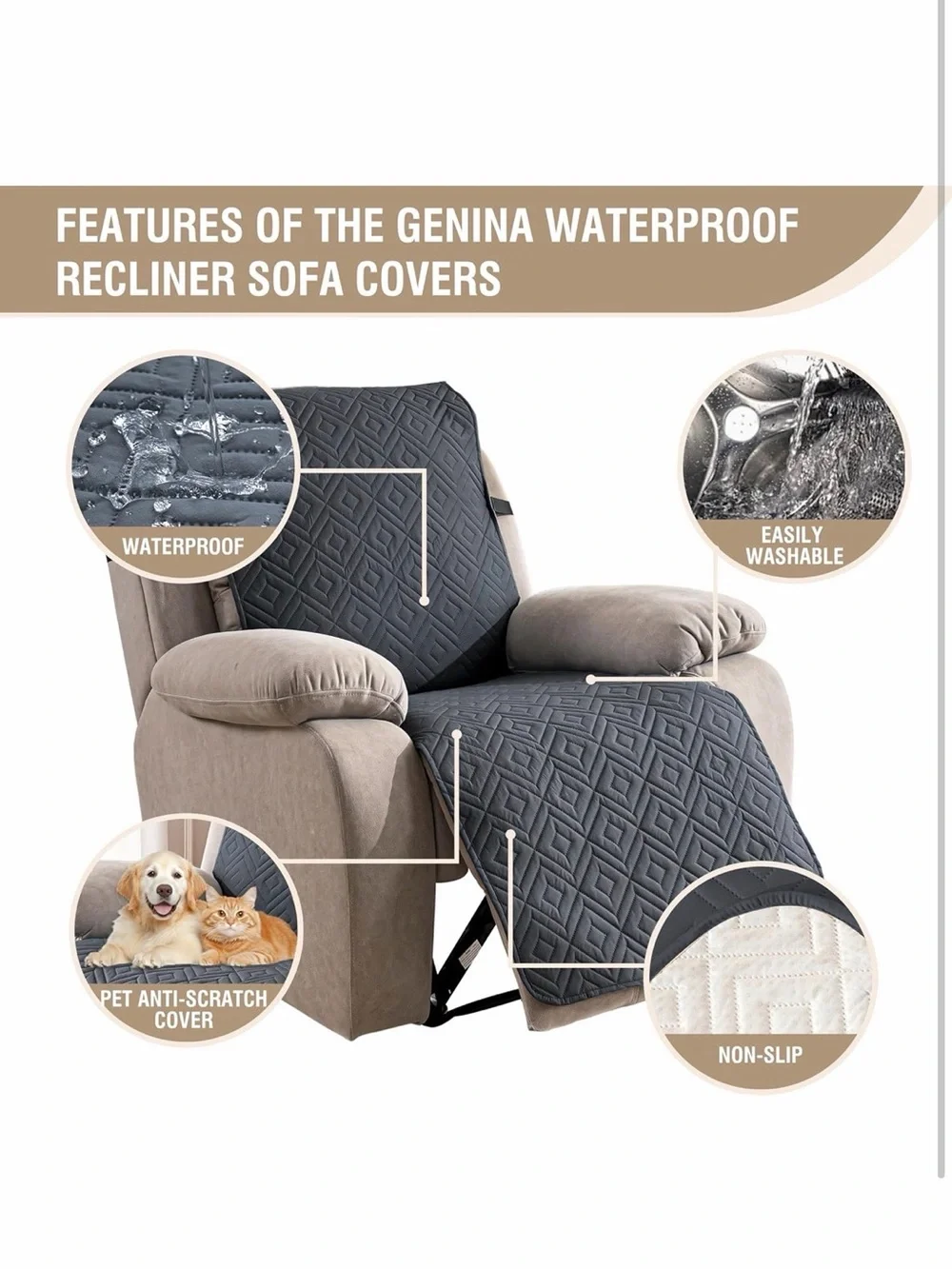 Genina Waterproof Oversized Quilted Recliner Cover 28'' / Dark Grey